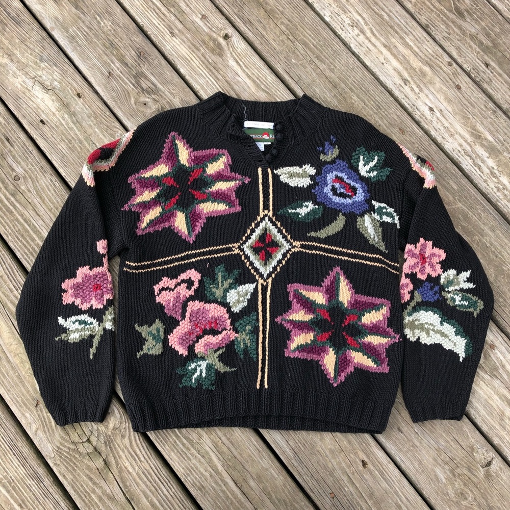Vintage Chunky Knit Floral Black Grannycore Sweater Size Small
